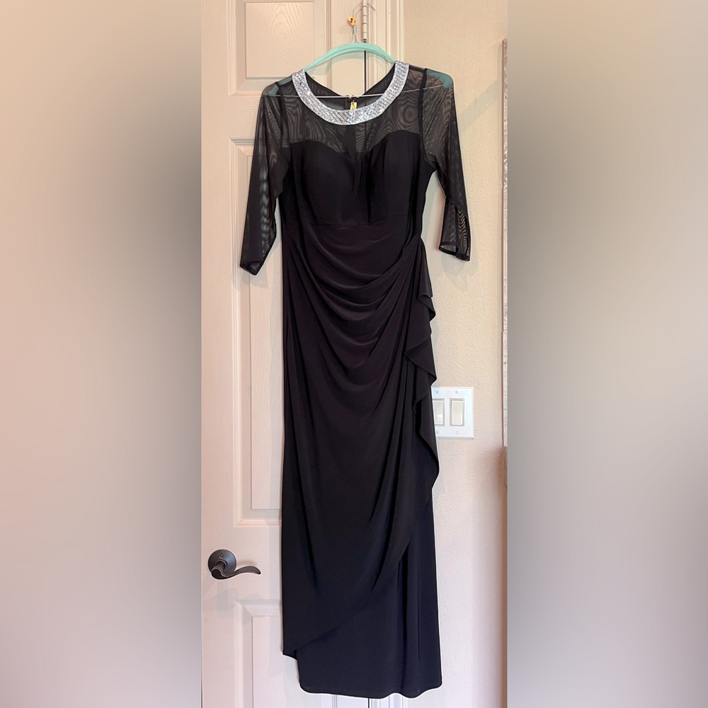 Long Evening Black Dress with embellishment at collar